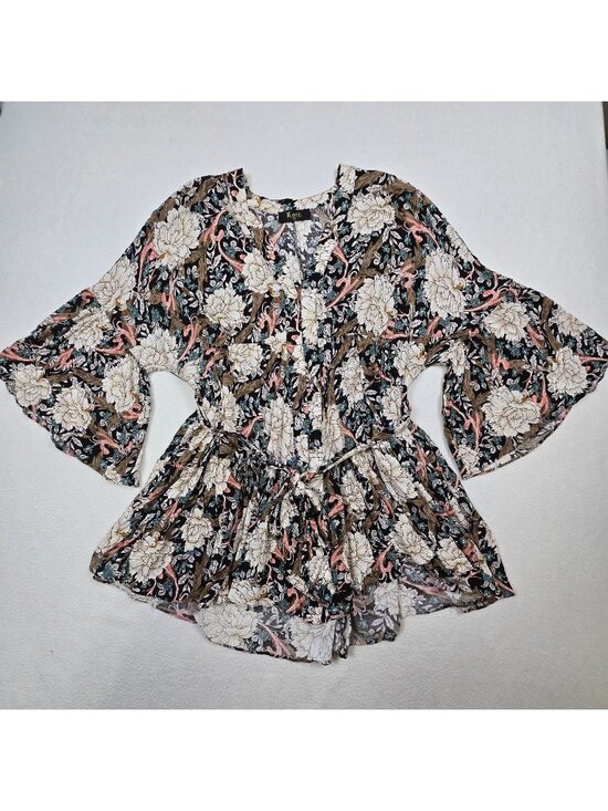 Meritt Tops - Meritt Large Floral Print Kimono Sleeve Button-Down Tunic Black Boho Top